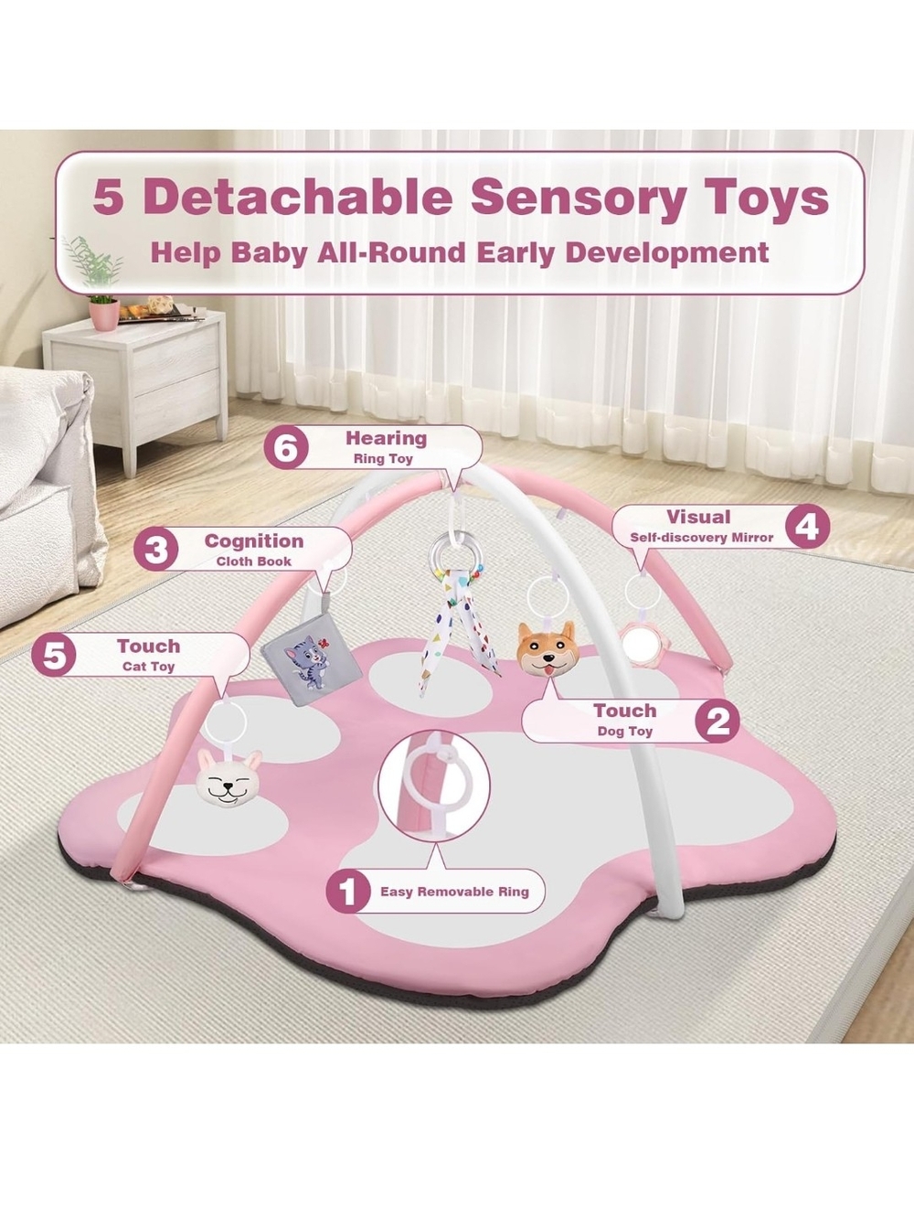 Pink Baby Sensory Play Gym with Detachable Toys